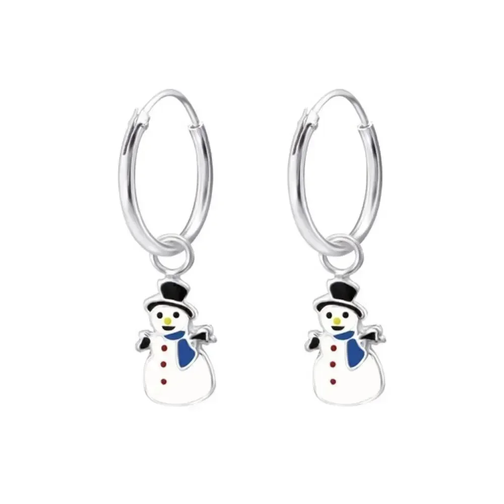 Children's Silver Hoops w/ Hanging epoxy  Snowman